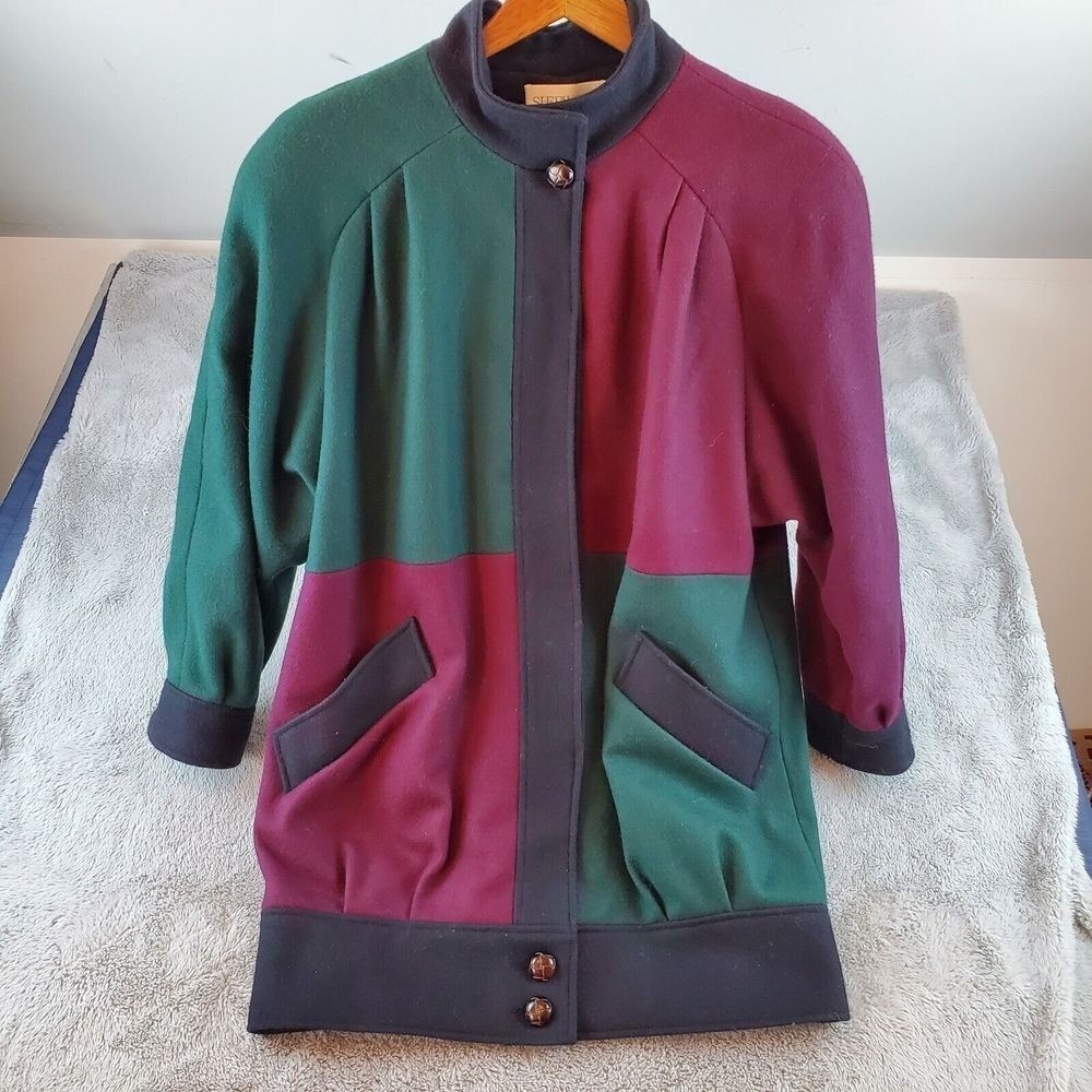 Sherwood Wool Blend Jacket Women L Vintage Colorblock Paneled Green Burgundy Blk